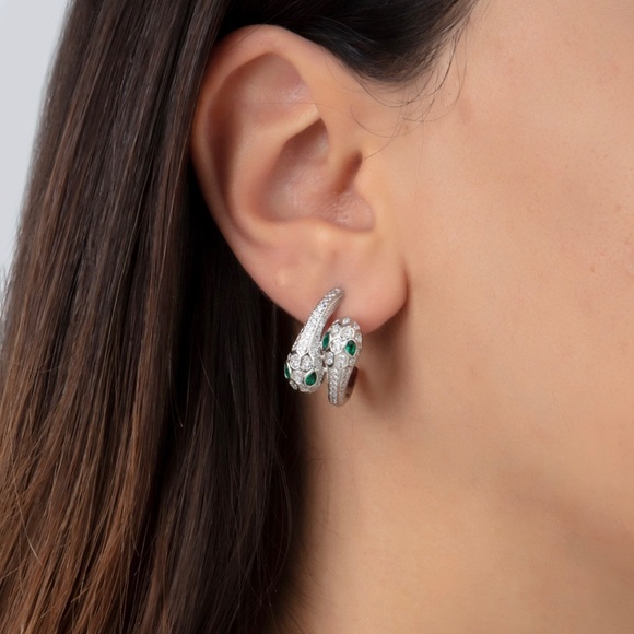 Snake Earrings 925 Sterling Silver Emerald Eyes Luxury Jewelry - Picture 1 of 7